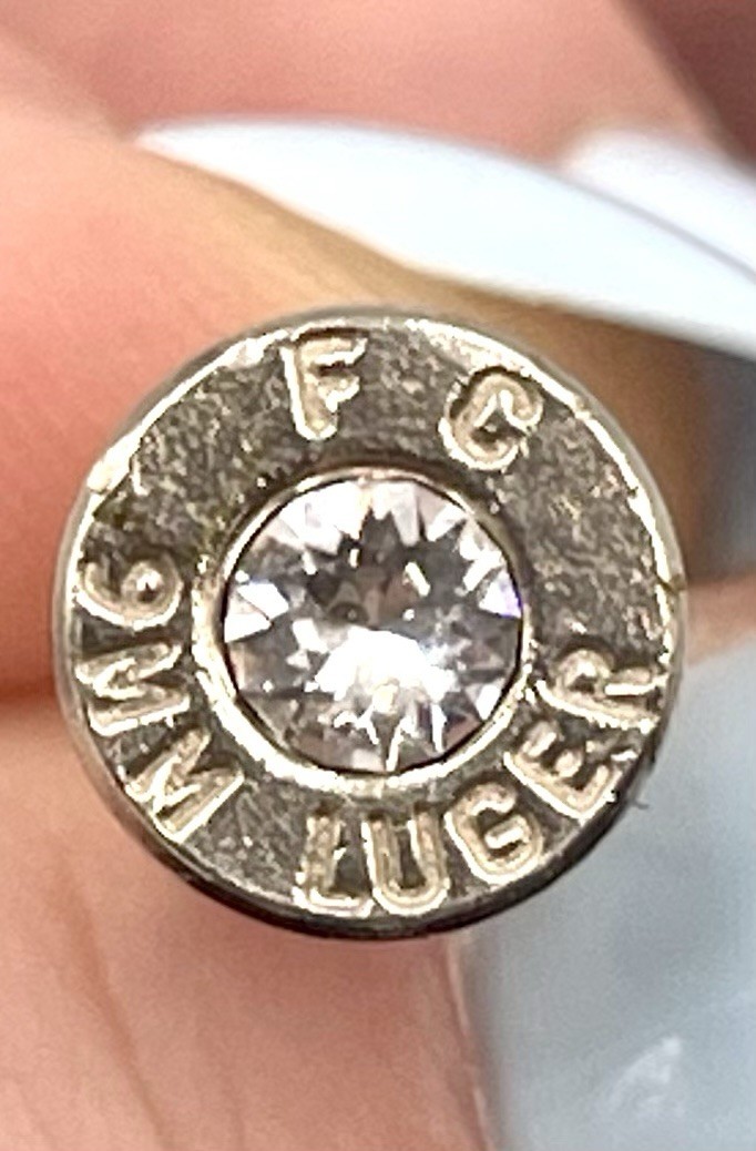 Bullet Casing Stud Earrings 9MM Swarovski Crystal Replacing Primers Silver Tone