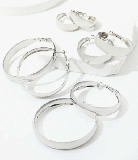 Set of 4 Silver Tone Hoop Earrings Large Big Medium Small Wide Assorted Sizes
