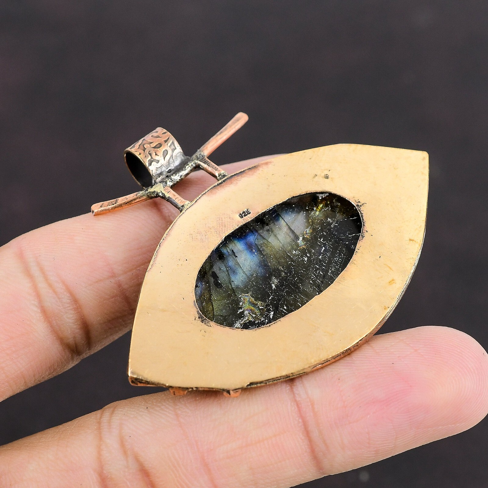 Valentines Deal Copper Third Eye Chakra Oval Labradorite Gemstone Bezel Pendant