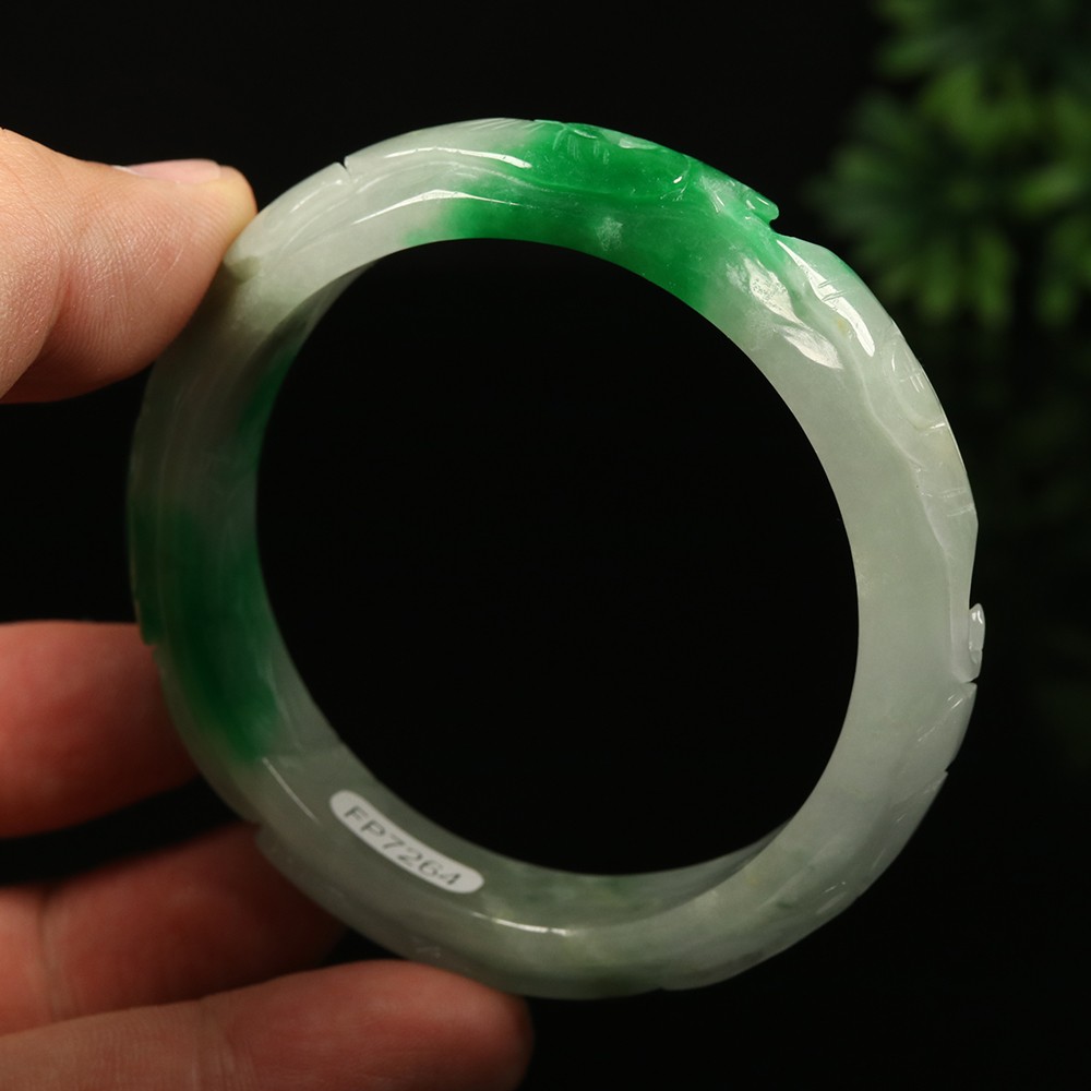 58mm White Emerald Green Jadeite Jade Bangle Bracelet Ruyi Rabbit Bat A-14581