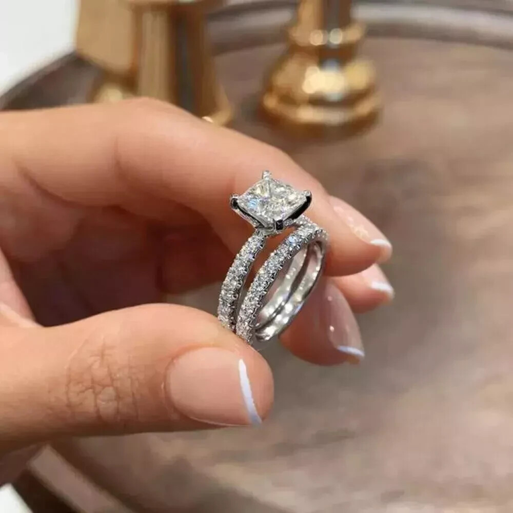 2.50 Ct Princes Cut Moissanite Bridal Set Engagement Ring 14K White Gold Plated