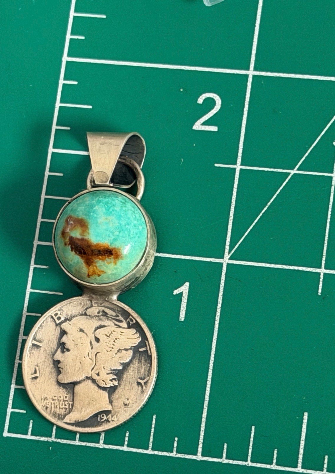 Kingman Turquoise 1944 Mercury Dime Native American Sterling Silver Pendant