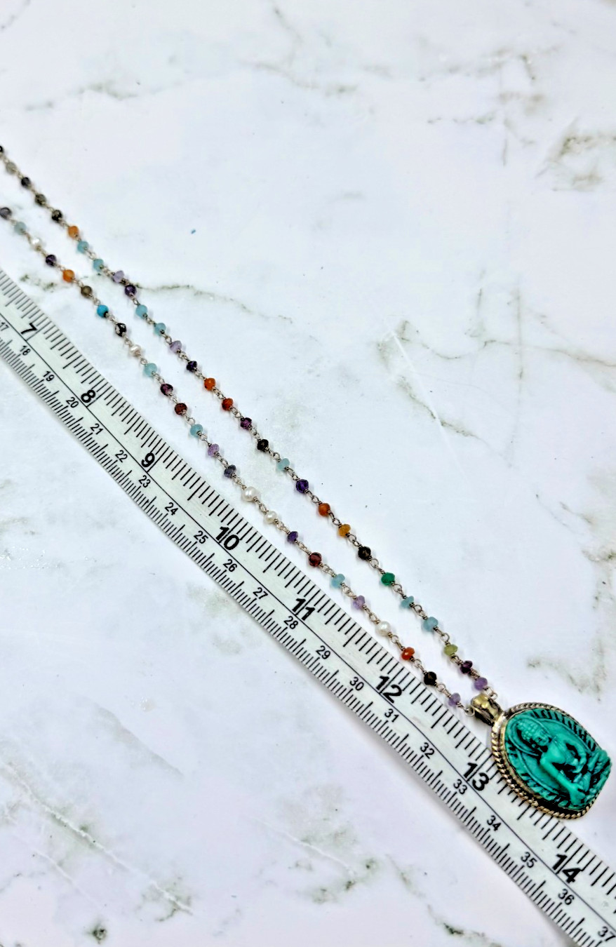 Silver Necklace Crystals on Chain Handcrafted Inlaid Turquoise Shakyamuni 3D
