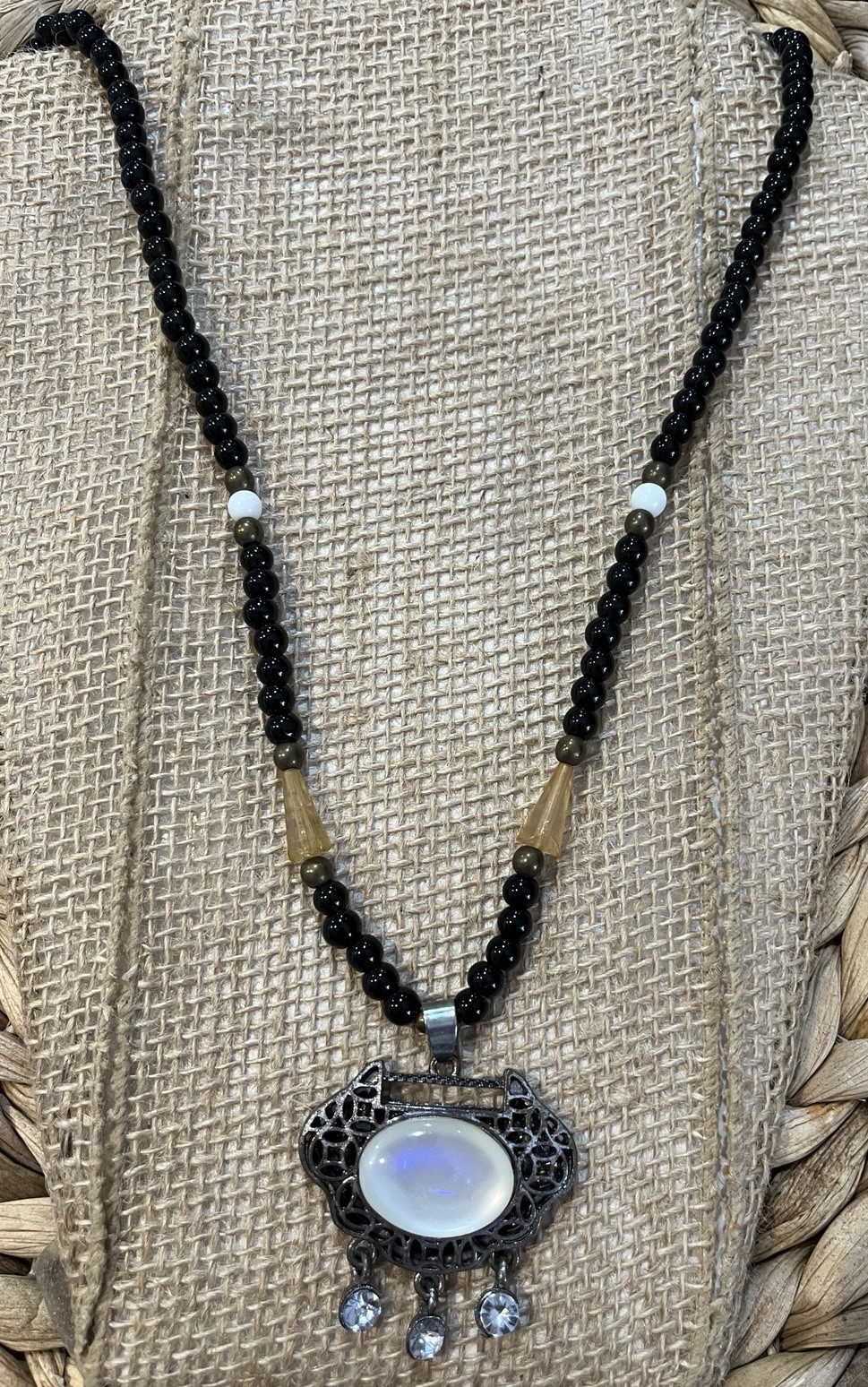 C1946 Long Beaded Pendant Necklace Mixed Stones Silver Adjustable Chain 28in
