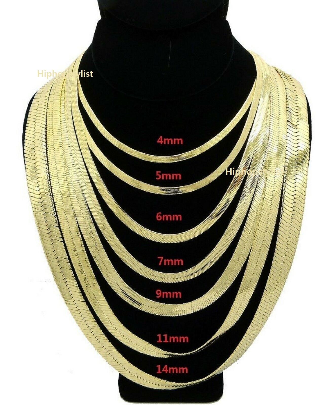 Men Herringbone Chain 4mm to 14mm 8″ 18″ 20″ 24″ 30″ Necklace 14K Gold Plated.