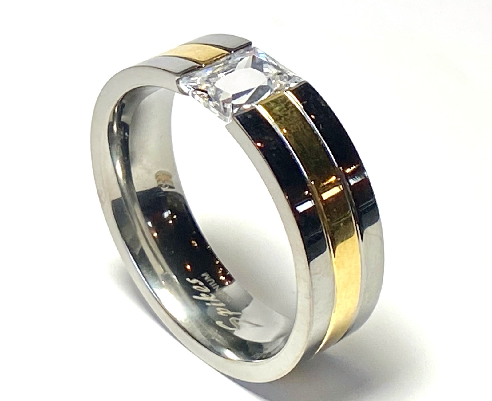 Solid Titanium Ring Gold Inlay CZ Stone Size 5,6,7,8,9,10,11,12,13,14 (FL13)