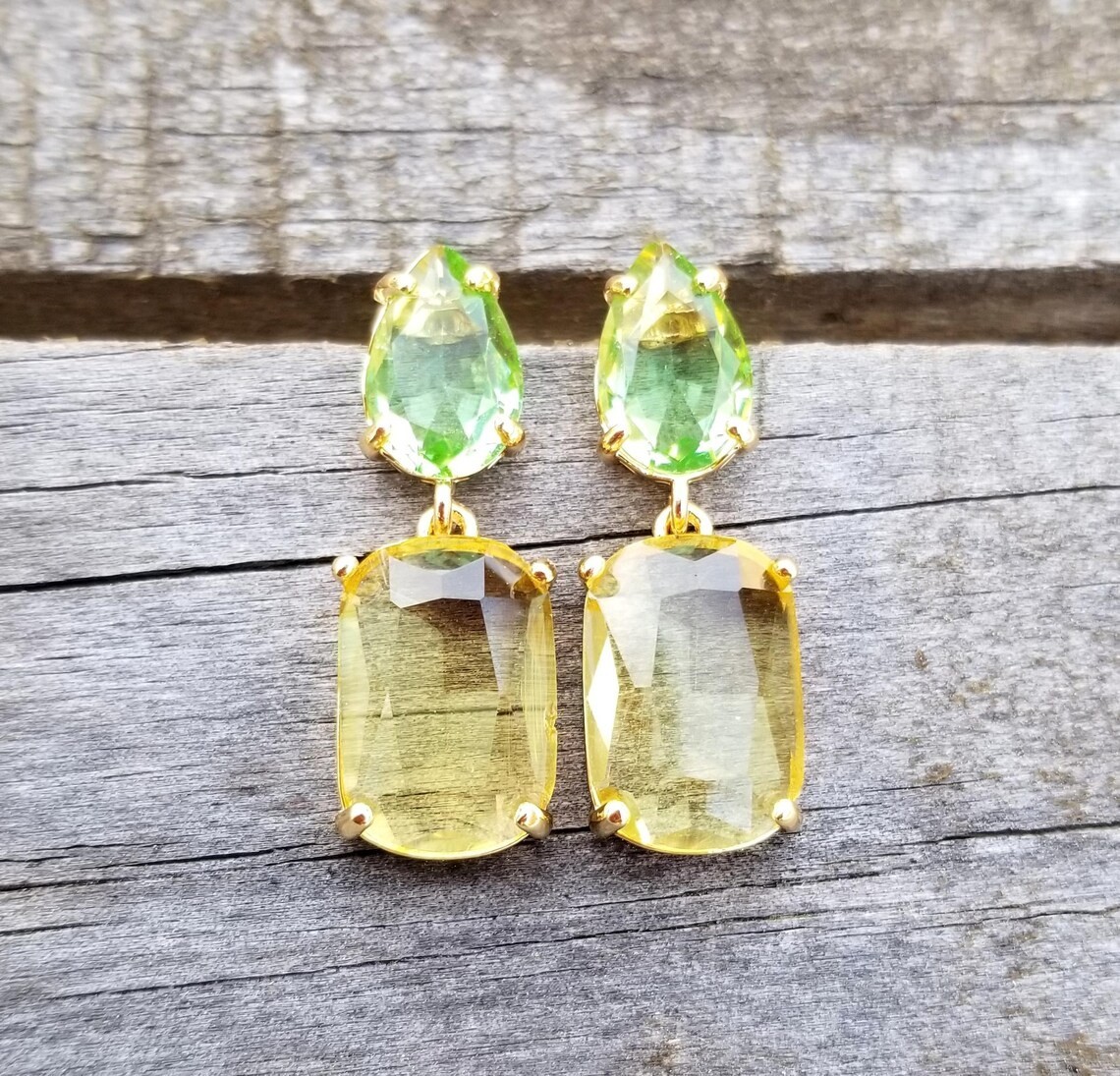 14k Gold Australian Crystal Citrine and Peridot Stud Dangle Earrings
