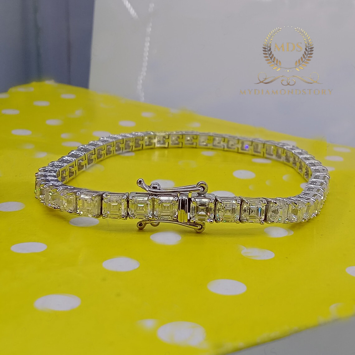 CUSTOM/10K YELLOW GOLD 7′ Inch Long Tennis Bracelet 7 CT Asscher Cut VVS1