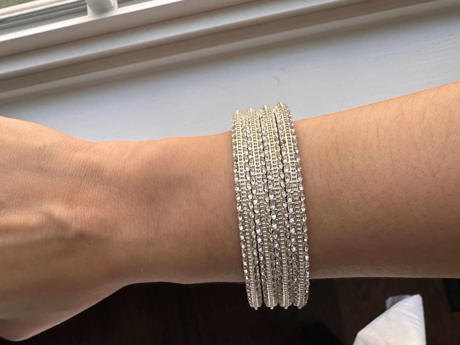 Set of 4 Silver Tone Stackable Bangle Bracelets Pavé Crystal Rhinestone