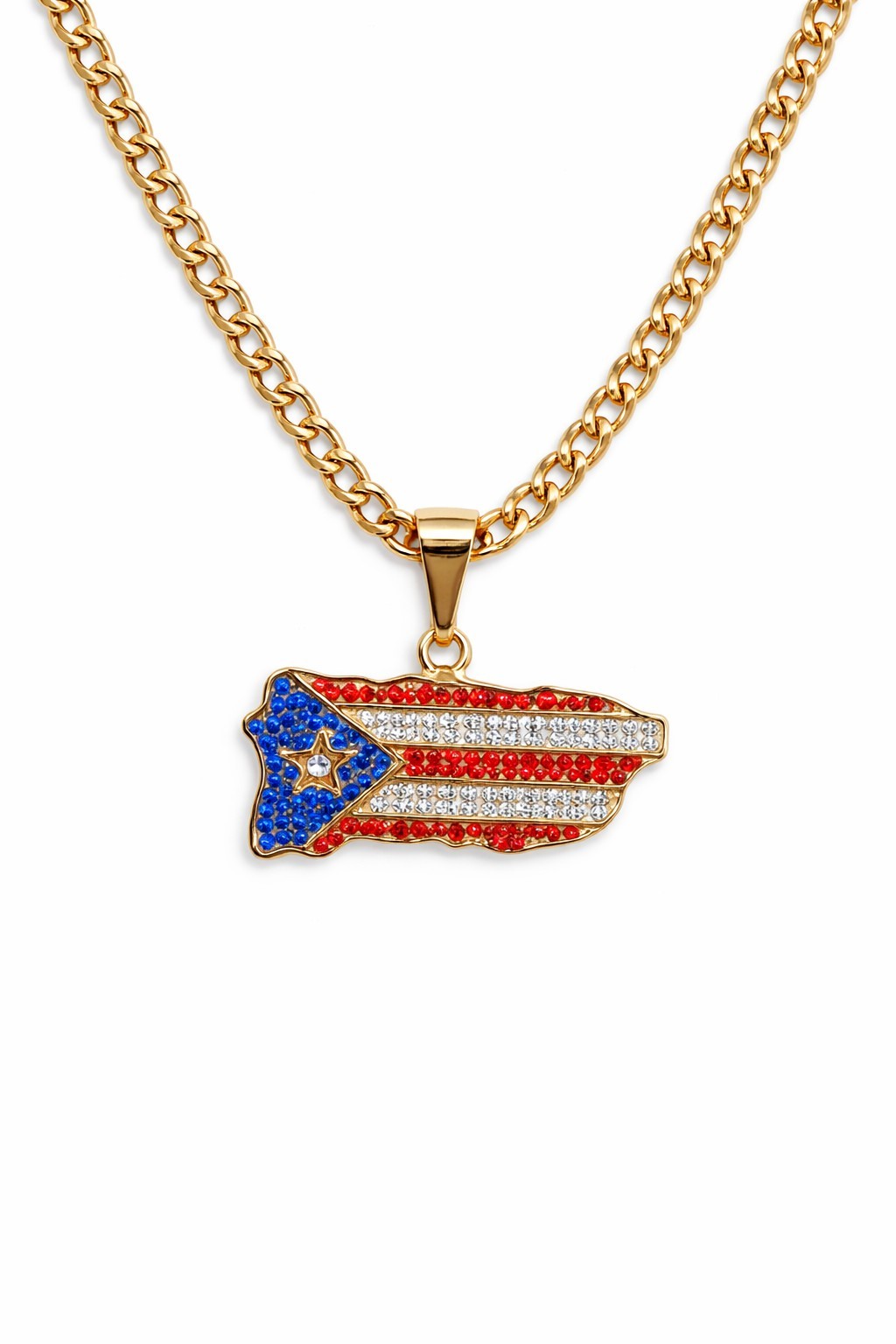 Puerto Rico Gold Plated Stainless Steel 24″ Chain 6mm Necklace Flag Pendant
