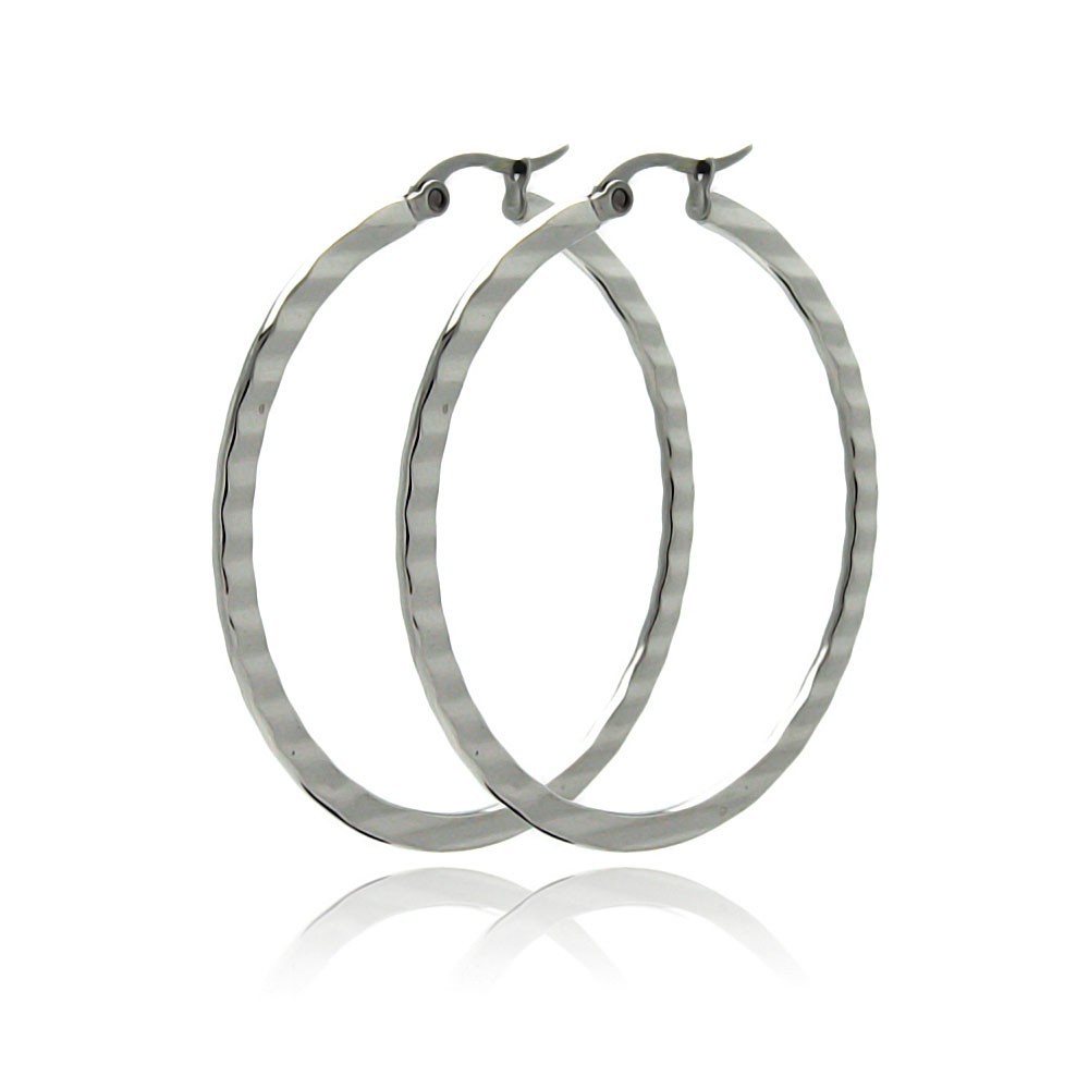 Stainless Steel Round, Textured Flat Hoop Earrings, 20mm, 30mm, 40mm, 50mm, 60mm