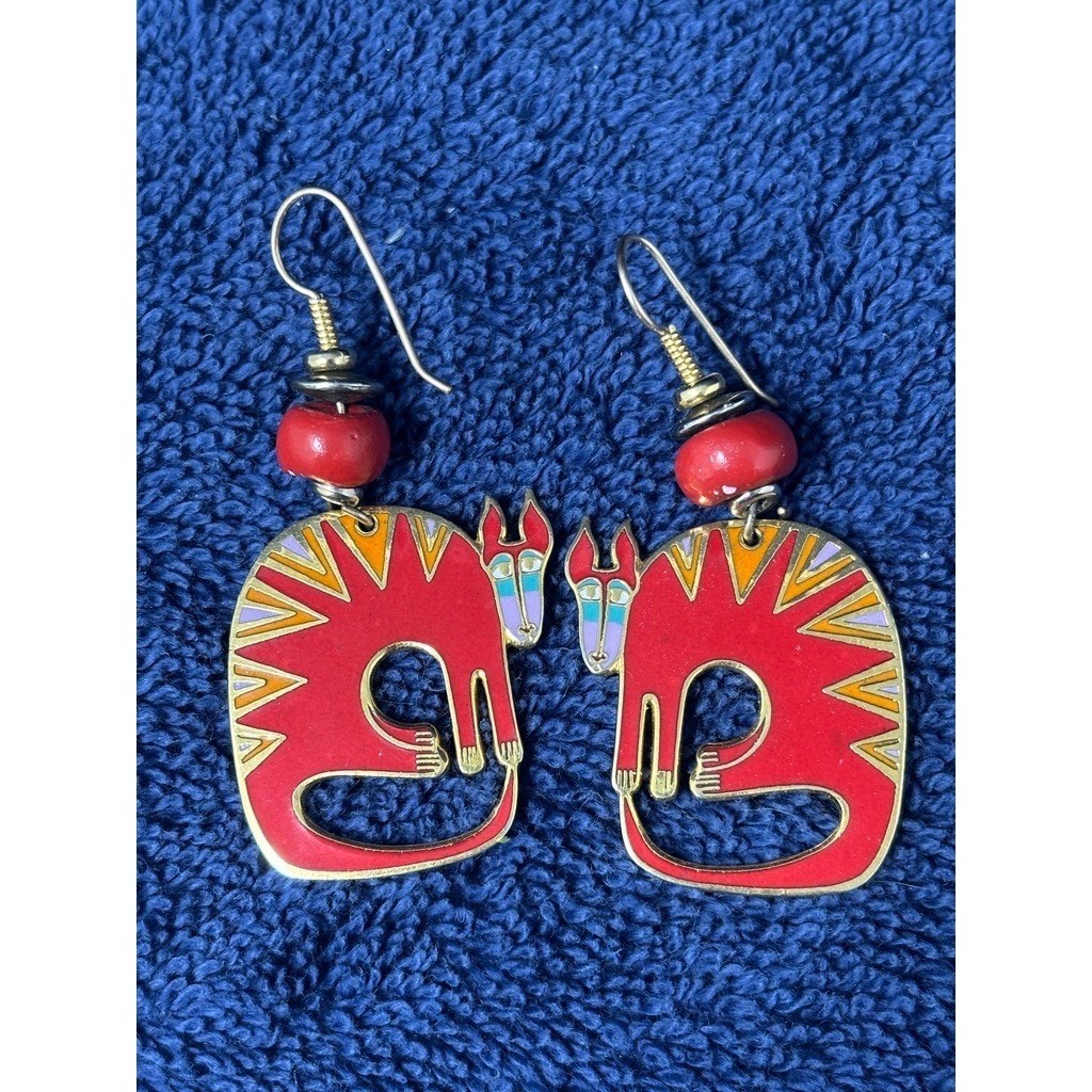 Vtg Laurel Burch Mythical Beast Earrings Hook Cloisonné Enamel Aardvark