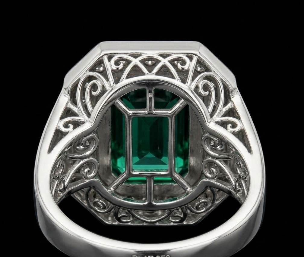 Emerald Cut Lab-Created Emerald Ring, Sterling Silver Statement Halo Jewelry