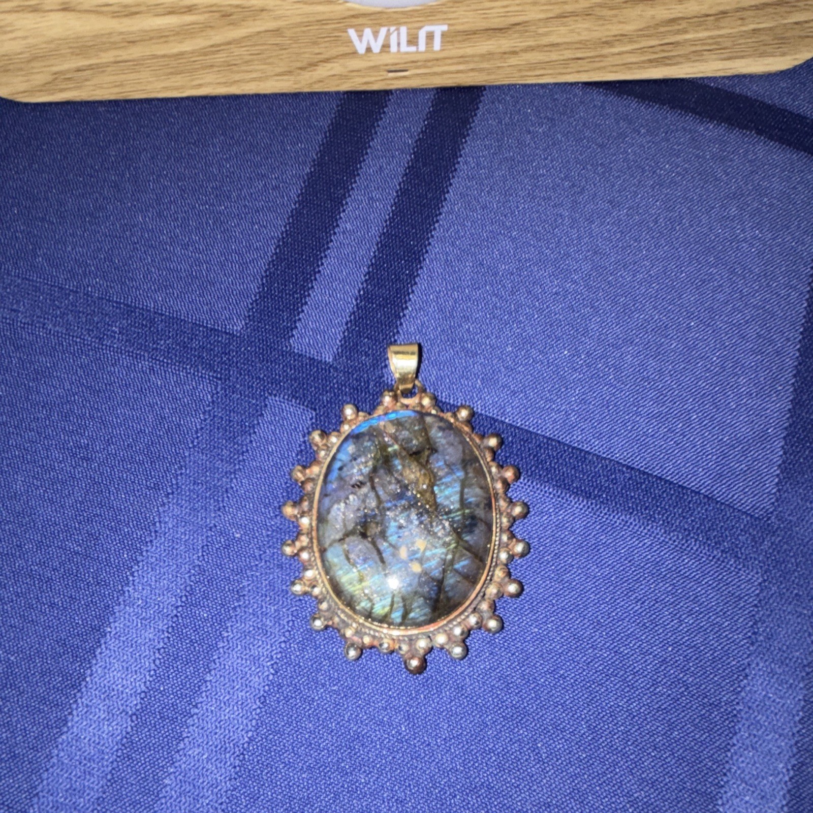 Gold Tone Oval Blue Stone Bezel Set Charm Pendant Metal Beaded Frame