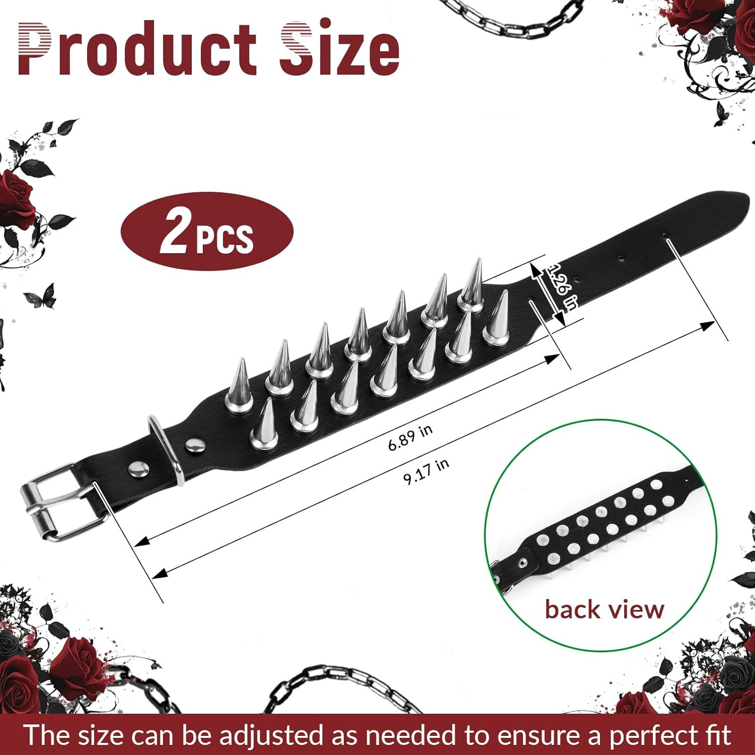 Punk Leather Studded Bracelet Set 2 Pcs Spike Rivet Cuff Wristband Bracelet