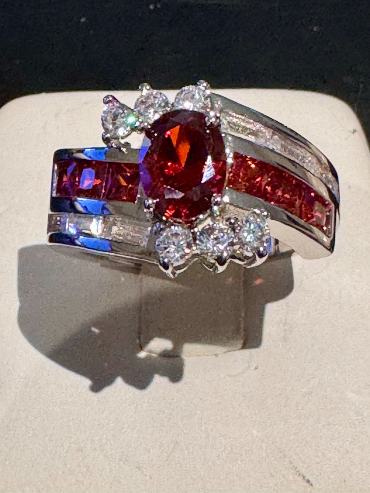 Unique Red Oval Statement Ring with Round Accents Size 9 Free Shipping