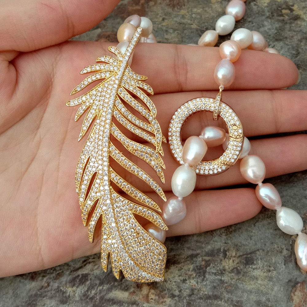 37” Multi Color Baroque Pearl Necklace Pendant CZ Connector