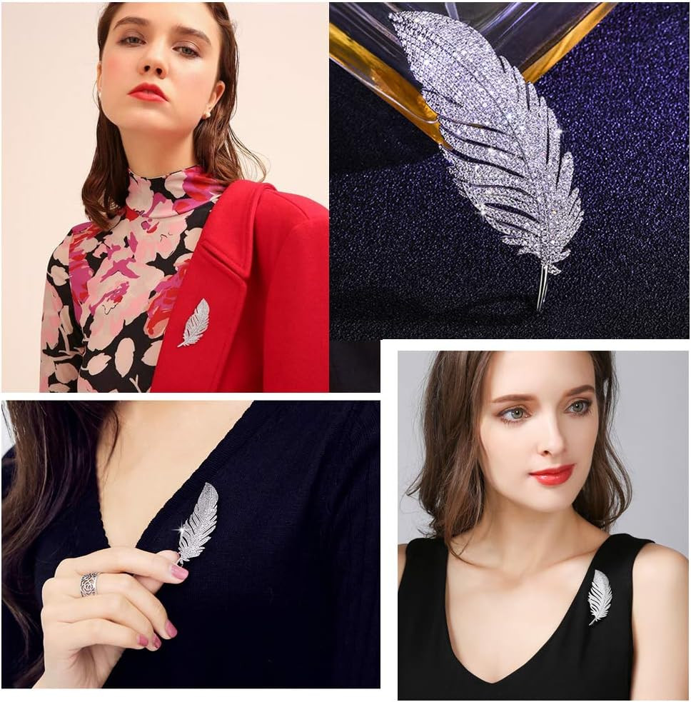 Rhinestone Feather Brooches Pin for Women Men Fashion Crystal Delicate Leaf Broo
