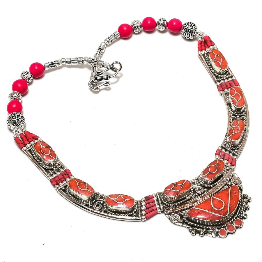 Red Coral Gemstone Necklace Tibetan Handmade Beaded Nepali Jewelry 18″ NN 6738