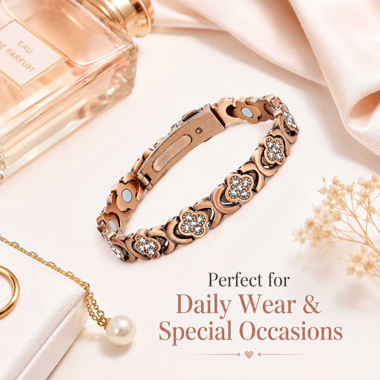 Women’s Copper Magnetic Bracelet Clover Crystal Adjustable Pain Relief Arthritis