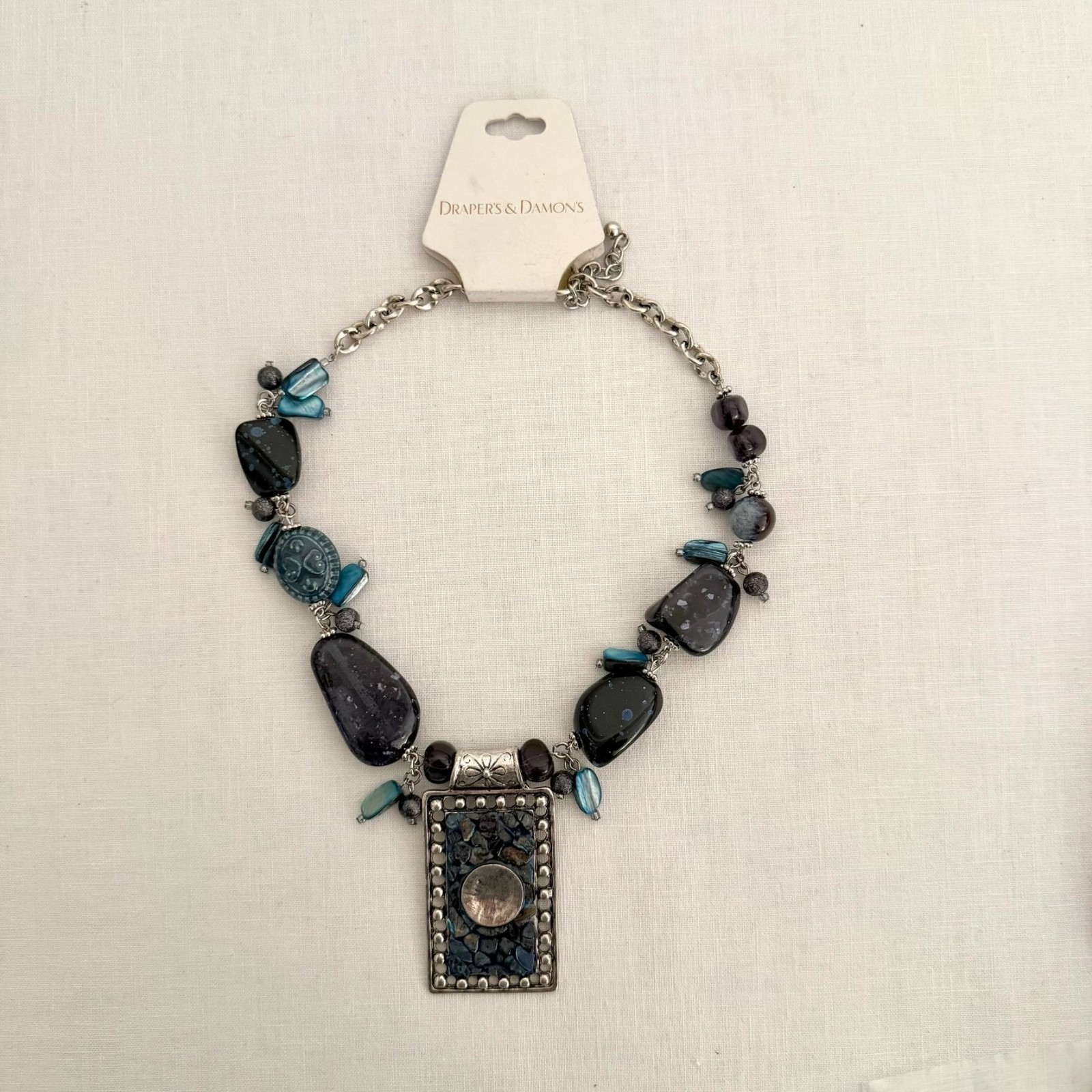 Drapers & Damons Architectural Statement Necklace Blue Stone Silver Pendant