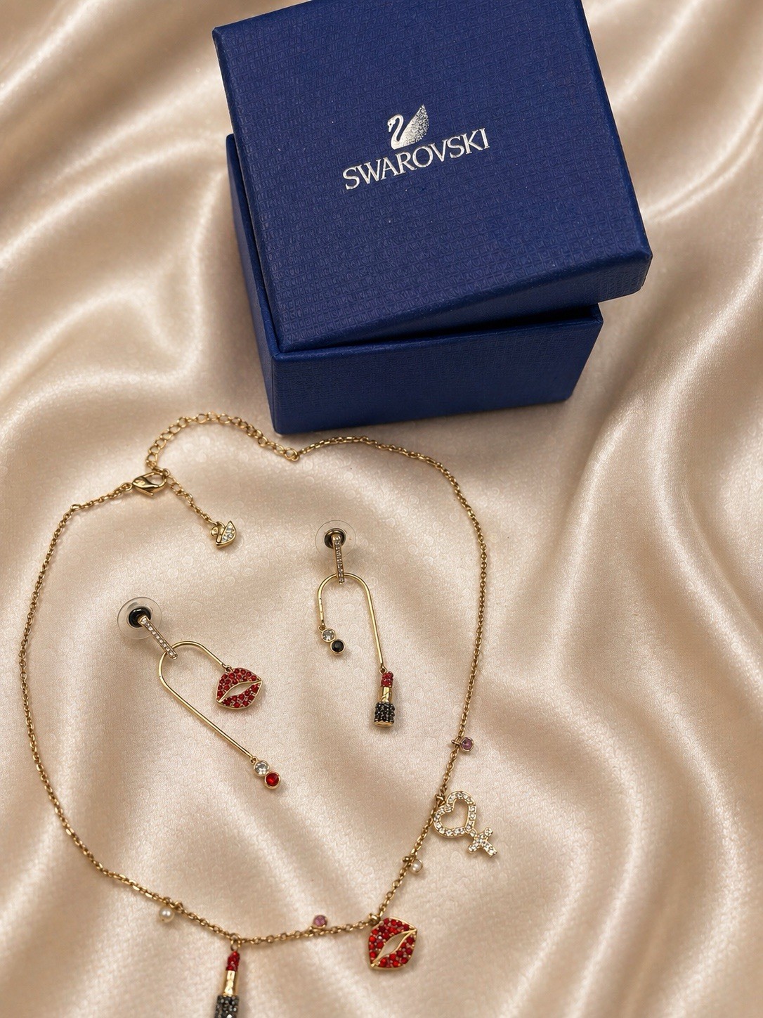 Swarovski Crystal Gold-Plated Lipstick & Lips Necklace & Earrings Set Red Gold