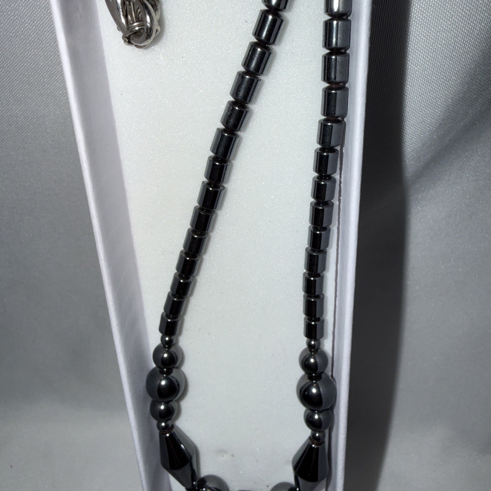 NEW Hematite Beaded Necklace with Arrowhead Triangle Pendant – Gunmetal Gray
