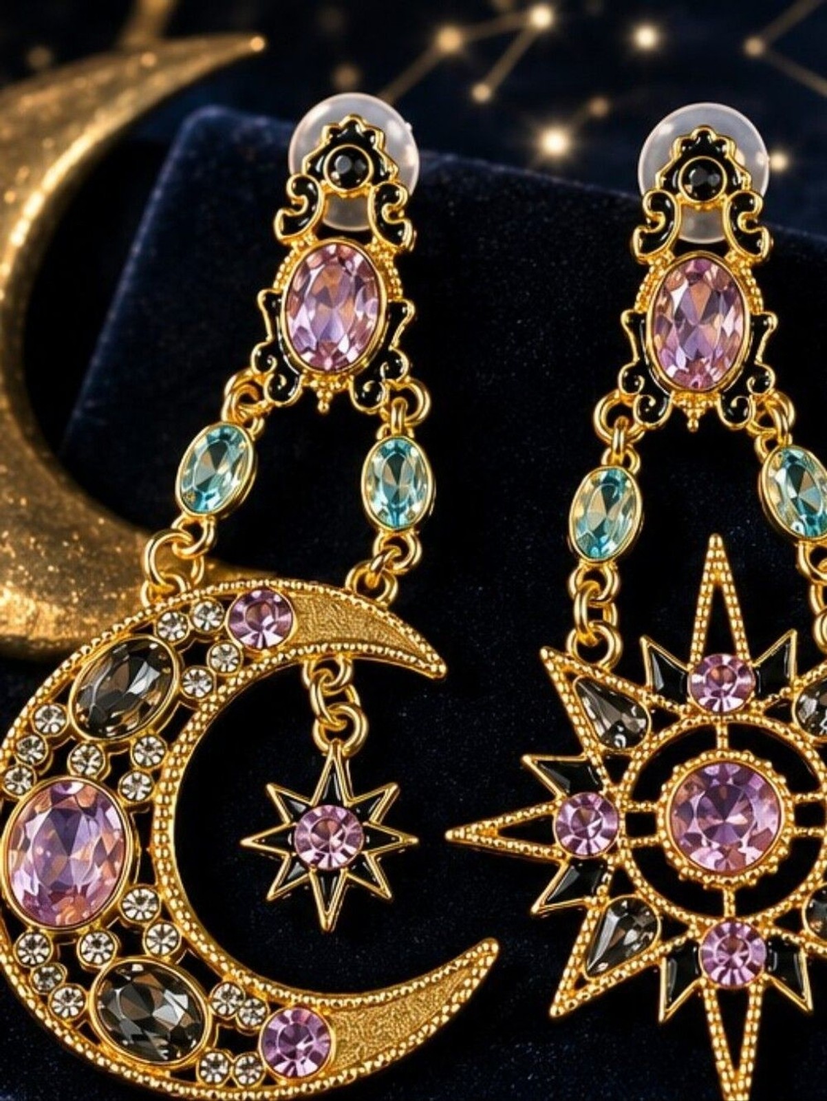 Celestial Sun Moon Star Statement Earrings Gold Tone Glass Crystal Boho Astrolog