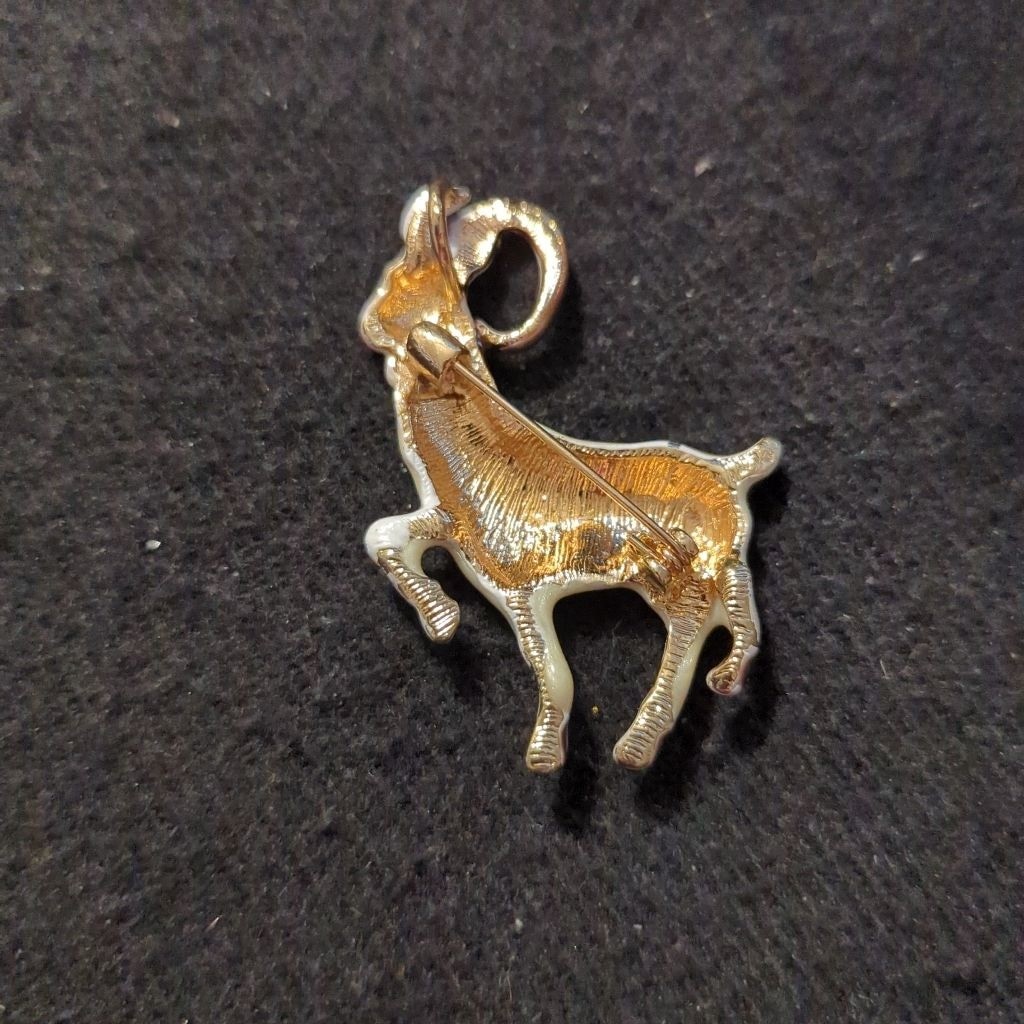 Gold Tone White Brown Enamel Goat Sheep Statement Brooch