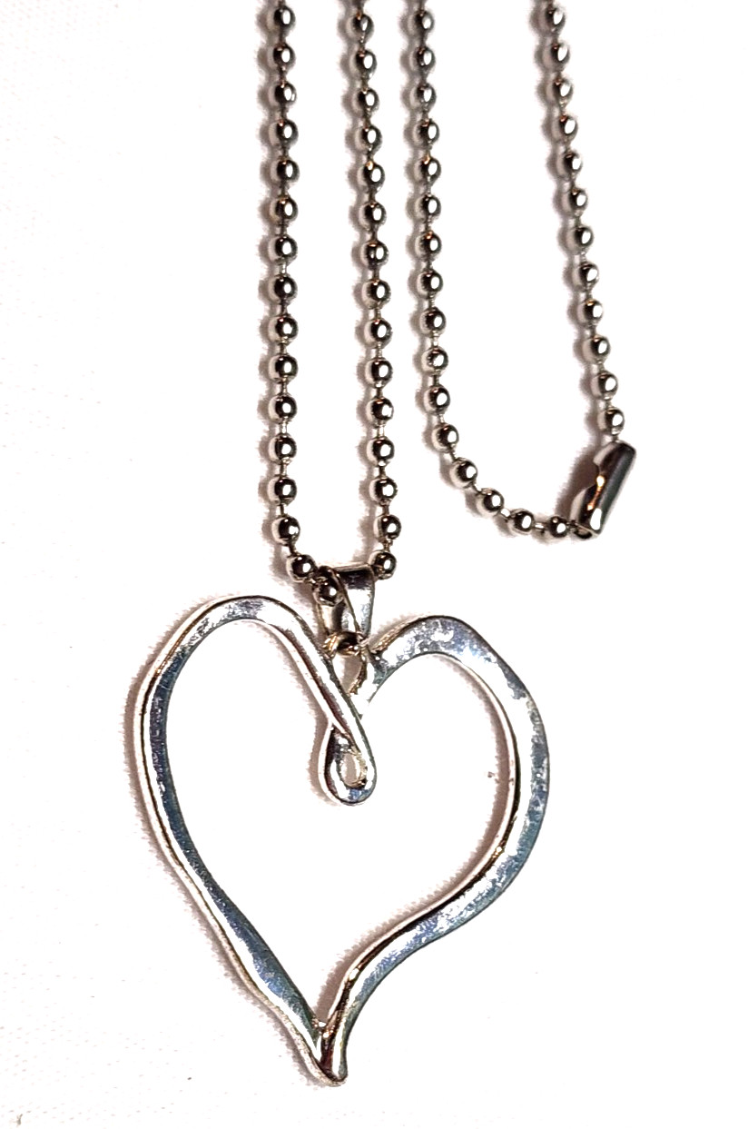 Wavy Abstract Open Heart Pendant Necklace Silver Tone 28″ Ball Bead Love Retro