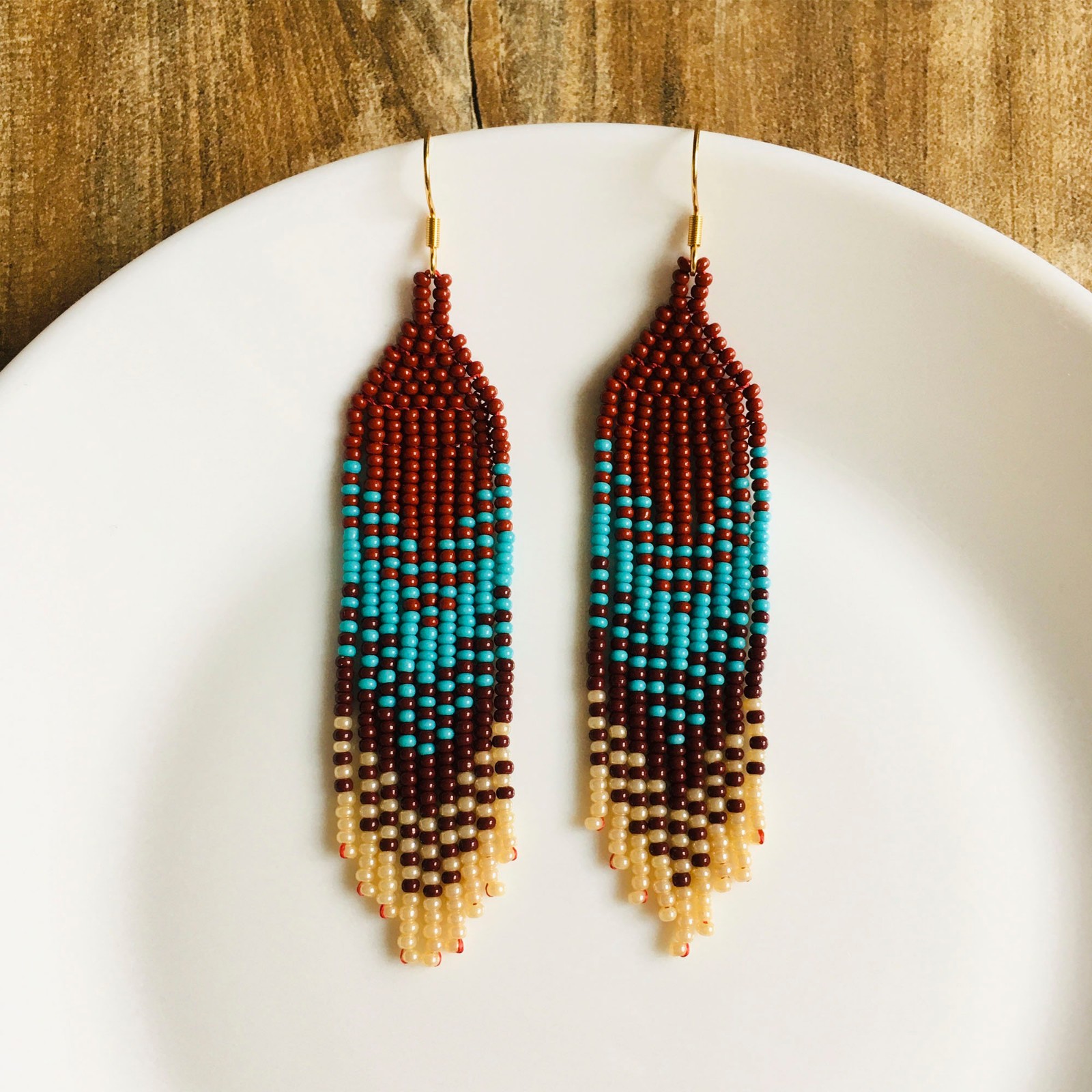 Brown Turquoise Beaded Fringe Earrings, Handmade Southwestern Boho Jewelry