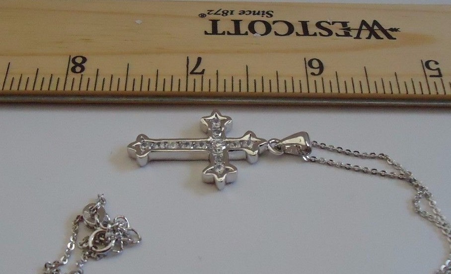 CROSS NECKLACE PENDANT 1 CT LAB CREATED DIAMONDS / 925 STERLING SILVER / 17”