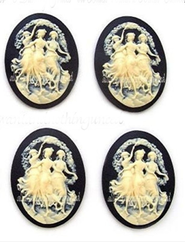4 IVORY color Three Dancing GRACES on BLACK 40mm x 30mm Costume Jewelry Cameos