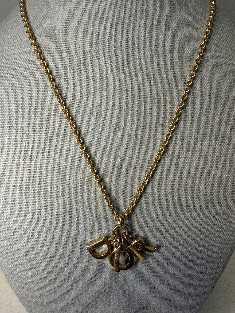 Christian Dior Logo Charm Gold Tone Pendant Necklace Vintage