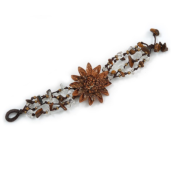 Handmade Leather Flower Semiprecious Bead Cotton Cord Bracelet (Brown/