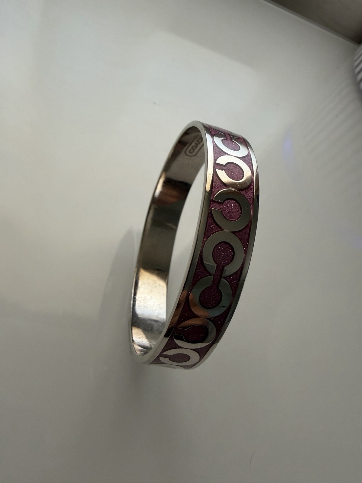 Coach Poppy Signature Logo Purple Enamel Silver Tone Bangle Bracelet Signed