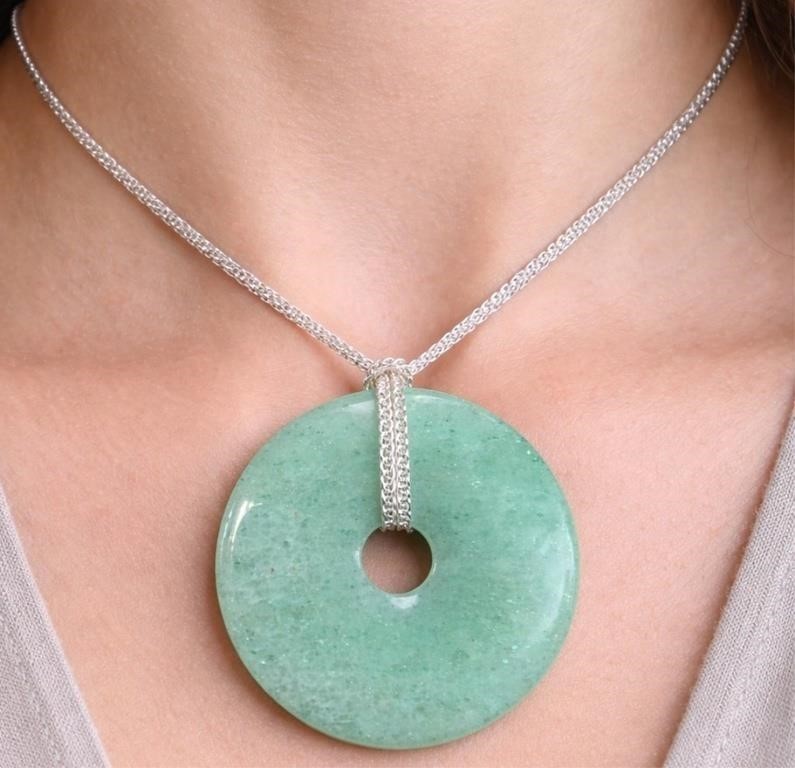 Natural Burmese Jadeite Donut Pendant 925 Sterling Silver Chain 16-22″