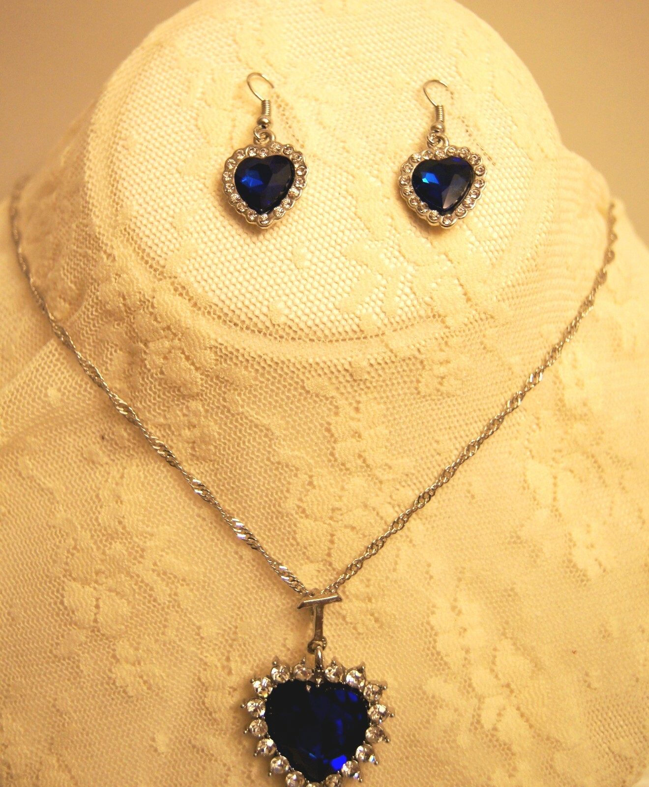 NEW Faux Sapphire & Diamond – Heart Shaped Pendant & Earring Set