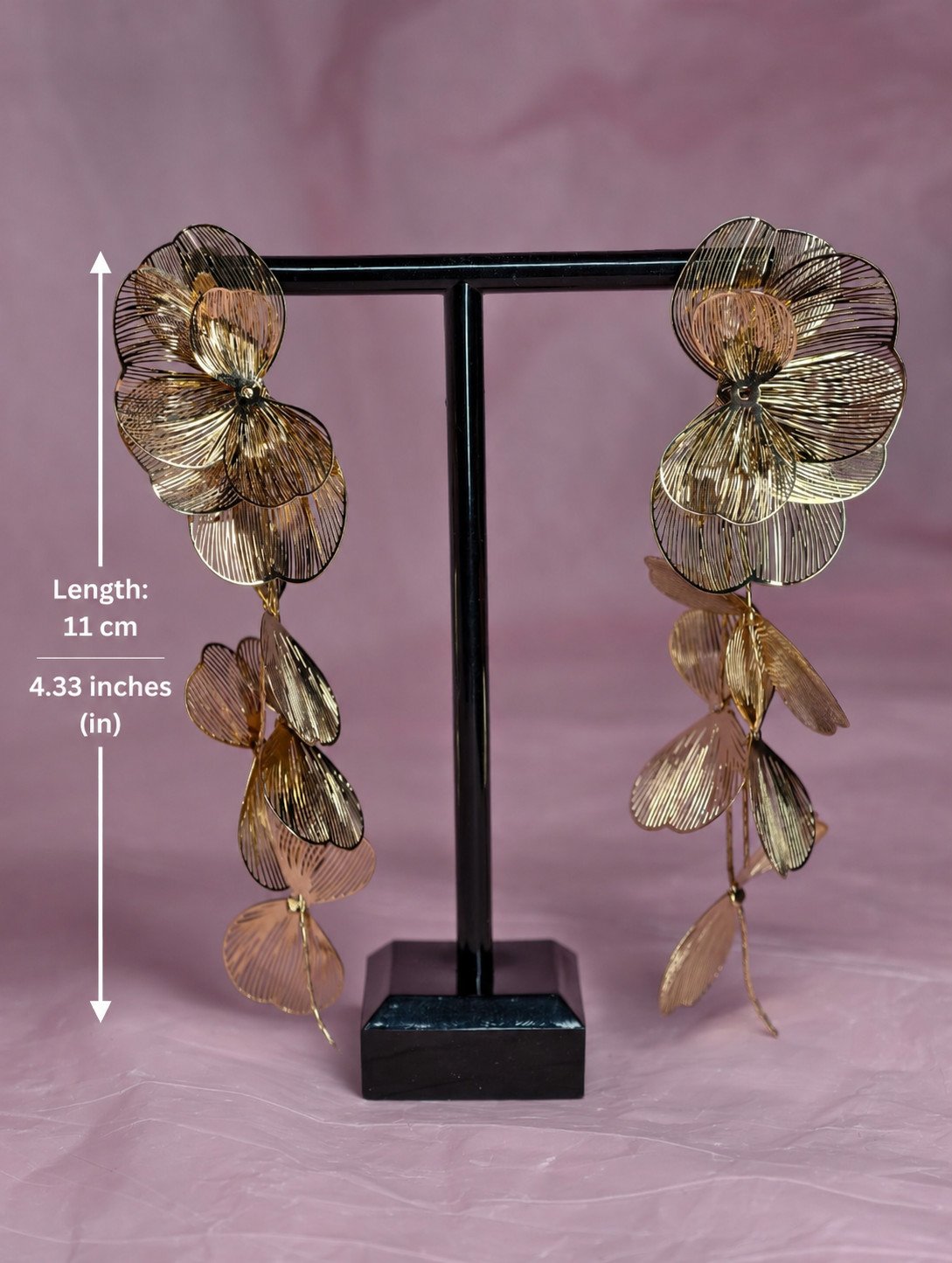 Gold Floral Statement Drop Earrings Large Orchid Flower Dangle Wedding 11cm