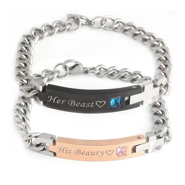 His Beauty Her Beast Stainless Steel His and Hers Love Couple Bracelet Bangle