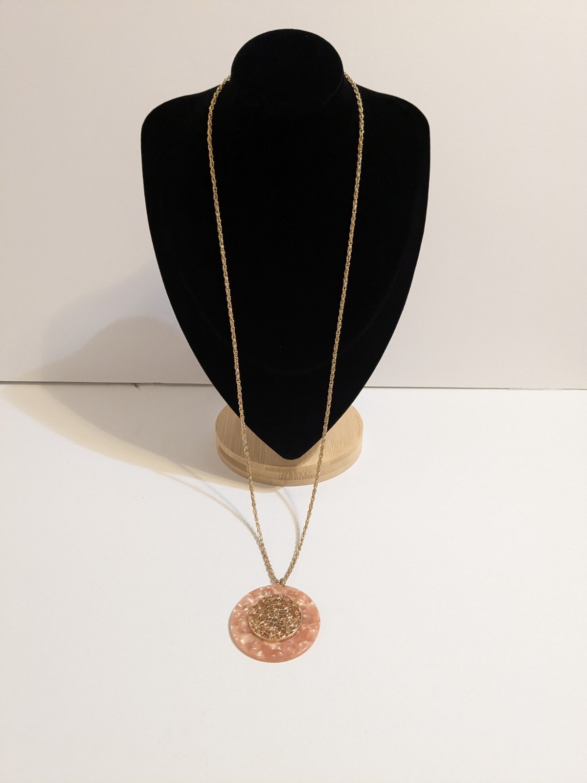 Peach Faux Shell Medallion Pendant Gold Tone Necklace. Metal Scroll Work. 30″.