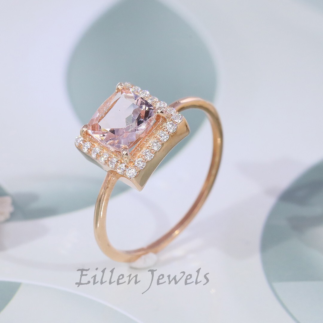 1.25 Ct Cushion Cut Morganite Ring Morganite Rose Gold Ring Morganite Ring