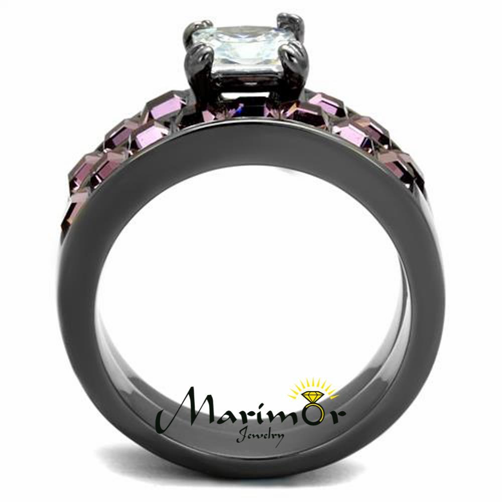 Women’s 3.75 Ct Princess Cut AAA CZ Light Black Stainless Steel Wedding Ring Set