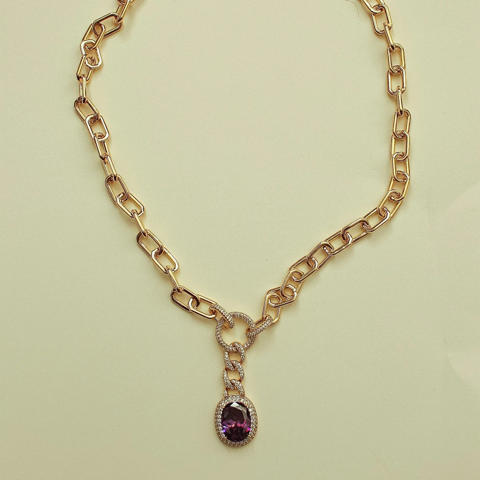 Amethyst Pendant Paperclip Chain Necklace — Gold