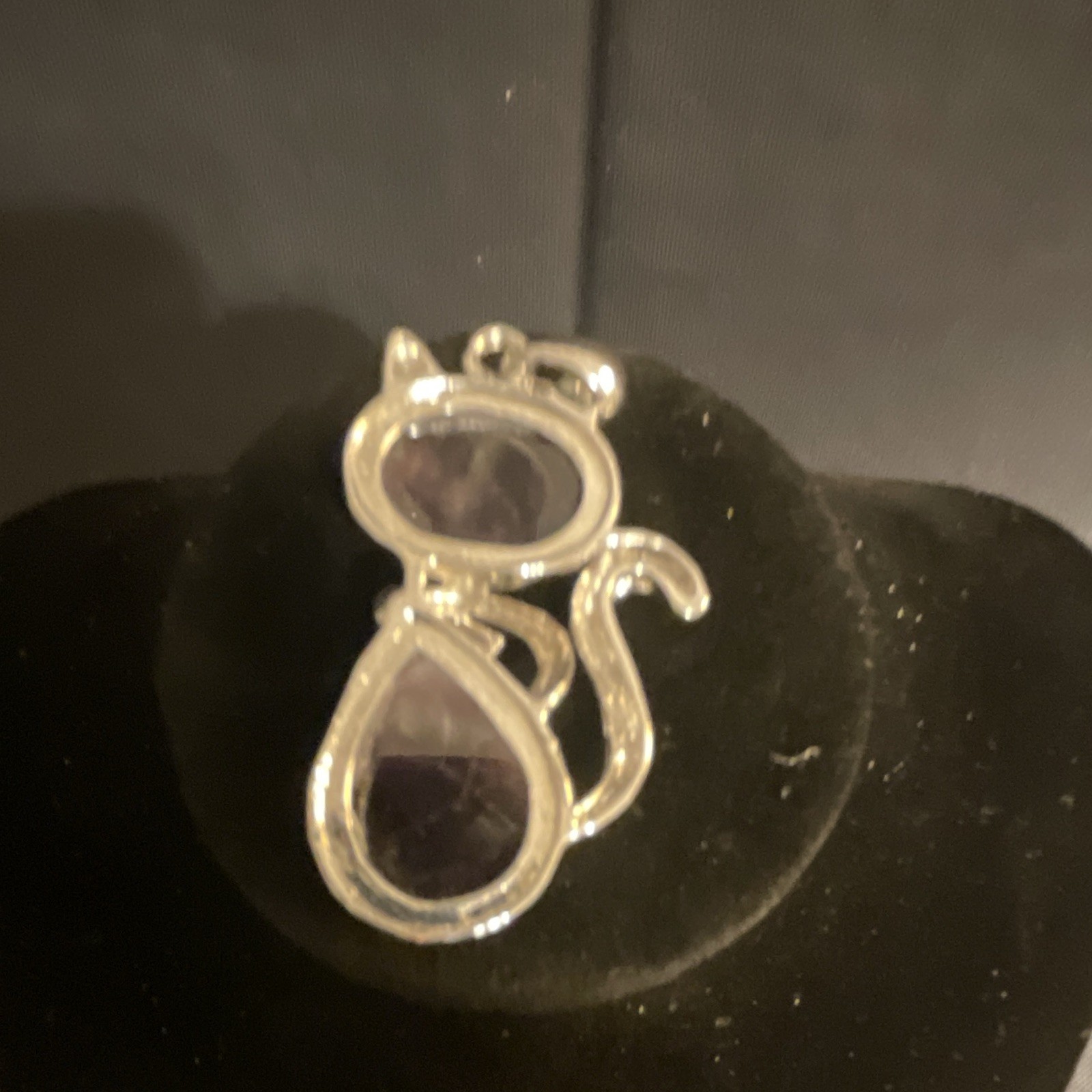 Silver Tone Cat Charm Pendant 2 Oval Purple Amethyst Bezel Set Asymmetrical