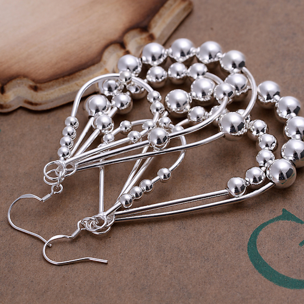 925 Sterling Silver Chandelier Beads Bali Hoop Pierced Earrings L154