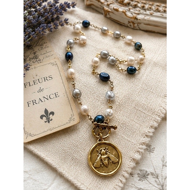 Handmade Bee Medallion Pearl Necklace 16” Gold Tone Blue Gray Ivory Pearls