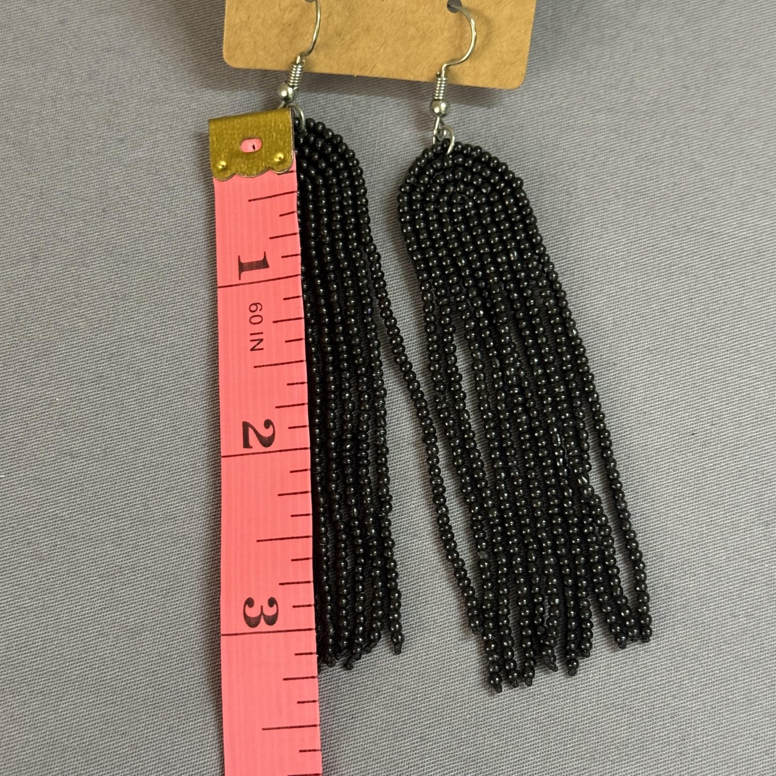 Black Beaded Tassel Dangle Drop Earrings 3.5 In Womens Boho Statement Jewelry