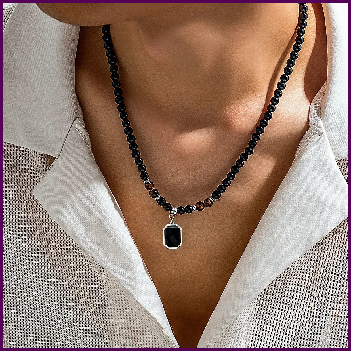 Collar cuentas piedra tigre negro hombre punk acero inoxidable casual