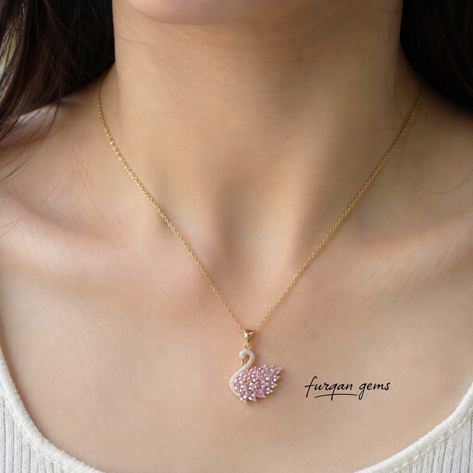 Pink Zircon Swan Pendant Necklace, Sterling Silver Swan Pendant, 18k Gold Plated